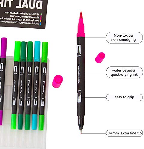 Dual Brush Pen Set 48 Farben Pinselstifte mit Zwei Spitzen Filzstifte Marker für Bullet Journal, Malbücher, Handlettering, Manga, Kalligraphie, Mandala, Skizzieren für Kinder und Erwachsene – Bild 4