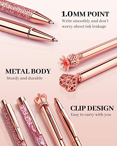 WEMATE 8Pcs Ballpoint Pens Set Metal Crystal Diamond Pen Glitter Pen for Journaling Pen Bling in Black & Blue Ink Pretty Cute Pens Fancy Pens Gifts for Women Wedding School Office Desk (Rose Gold) - Thumbnail 7