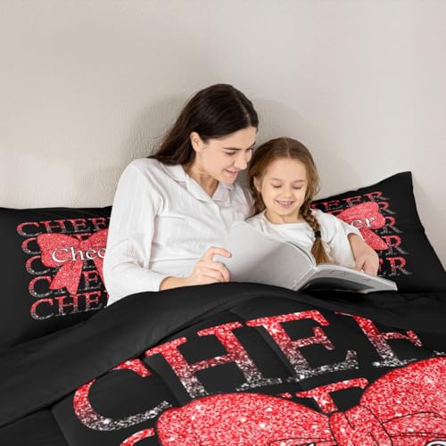 Image of Feelyou Cheer Bow Comforter Set All Season Cheerleader Bedding Set with 1 Pillow Cases Funny Sport Microfiber Kids Toddler Bedclothes Red Bedroom Decor Duvet Quilt Breathable Soft Lightweight
