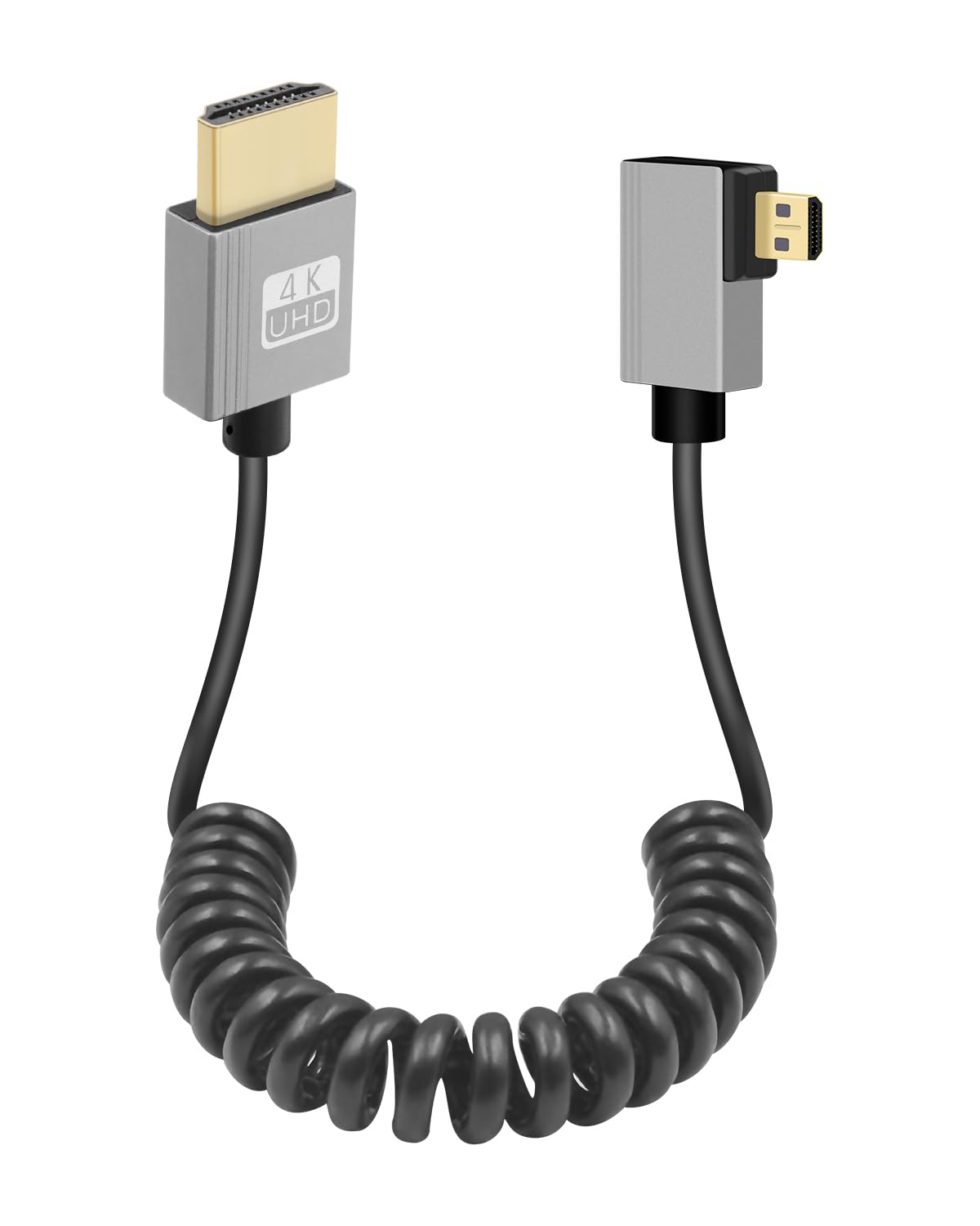GELRHONR Coiled Micro HDMI to HDMI Cable - 4k, Short Flexible Spring Cord, 90 Degree, 18Gbps 3D 4K@60Hz, for Camera Video Capture Card (Left Angle)
