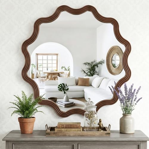 MYOTA Farmhouse Wall Mirror - 31.5" Wood Frame Round Rustic Wall Decorative Mirrors, Circle Scalloped Wavy Round Boho Accent Mirror for Living Room, Bedroom, Entryway, Hallway, Fireplace (Walnut)