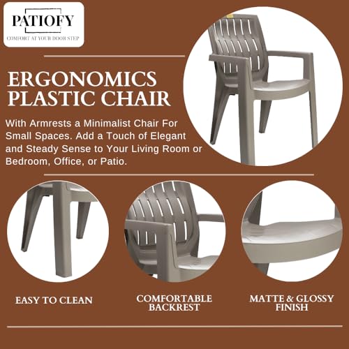 Image of Patiofy Plastic Chair Set of 4 for Home & Outdoor Use | Heavy Duty Comfortable Chair with Strong Legs | Stackable, Easy to Clean | Suitable for Living Room, Balcony (Pack of 4-Spino | Choco Cream)