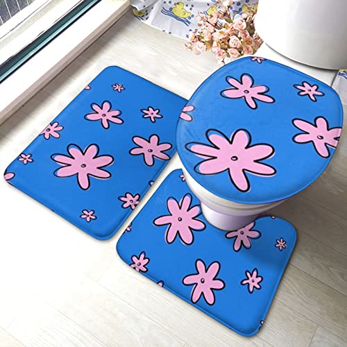 DIRYKILP Badematte + Konturmatte + Toilettendeckelbezug, rosa Blütenblätter 3 Stück Badematte Set, mit rutschfester Klebeunterseite