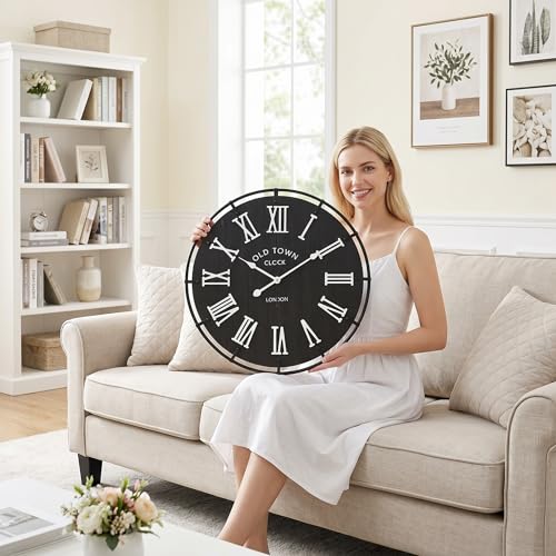 Image of EMAX HOME 24 Inch Vintage London Style Wall Clock, Black Wood Grain Background with White Roman Numerals, Rustic Metal Frame, Silent Non-Ticking Clock for Fireplace Mantel, Entryway, or Dining Area.