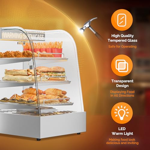 Image of ROVSUN 15 inch Commercial Food Warmer Display Pizza Warmer, 3-Tier Electric Countertop Food Warmer w /LED Lighting Adjustable Removable Shelves Glass Door, Pretzel Warmer for Buffet Restaurant, Silver