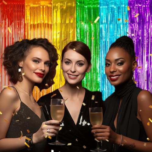 Image of DECOCKRAT 2 Pack Foil Fringe Backdrop - Combo Rainbow Shiny Tinsel Curtains for Party Decoration /Photo Booth Props - 3.3x6.6 FT Metallic Foil Backdrop for Birthday, Wedding, Graduation, Christmas.