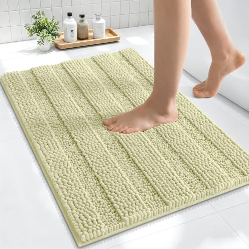 Image of Smiry Thick Small Chenille Bathroom Rugs 24x16, Extra Soft Absorbent Striped Bath Mat, Machine Washable, Rubber Backing, Bath Rugs for Bathroom, Tub & Shower, Home Decor Accessories, Vanilla