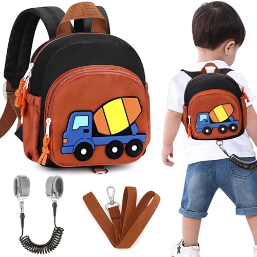Accmor Toddler Leash Backpack, Child Safety Backpack with Anti Lost Wrist Link, Mini Kids Travel Essential Mini Rucksack Walking Harness, Cute Concrete Truck Bag Children's Leash Strap for Baby Boys