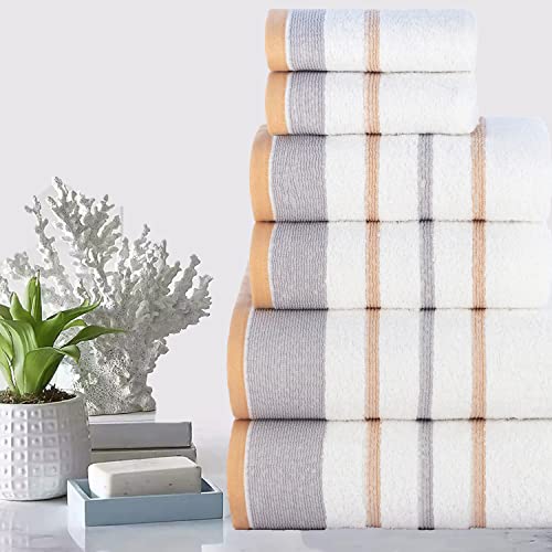 Image of Casa Copenhagen, Germany Design - White Bay Super Soft Collection 100% Cotton 6 Piece Towel Set, Includes 2 Bath Towels 2 Hand Towels 2 Washcloths - Grey & Beige
