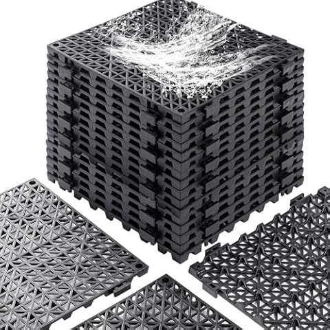12” x 12” Drainage Interlocking Floor Tiles, 12 Pack Non-Slip Pool Deck Drain Tiles for Flooring, Soft PVC Splicing Modular Cushion Mats, Rubber Floor Tiles with Holes for Shower Basement Garage Shed Cover