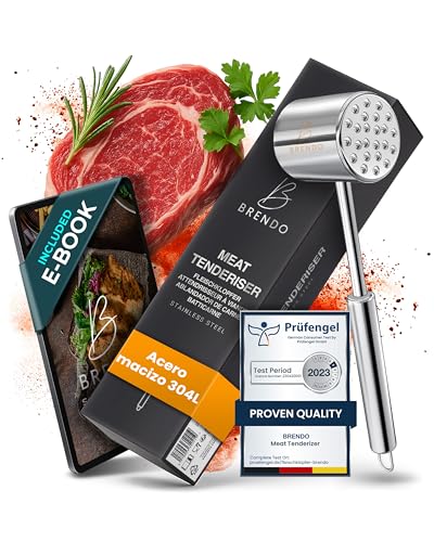 Brendo Machacador de Carne Premium de Acero Inoxidable | Doble Cara con Superficie Plana y Dentada para Todo Tipo de Carne | Incluye recetario en eBook | Apto para lavavajillas | Mazo para filetes