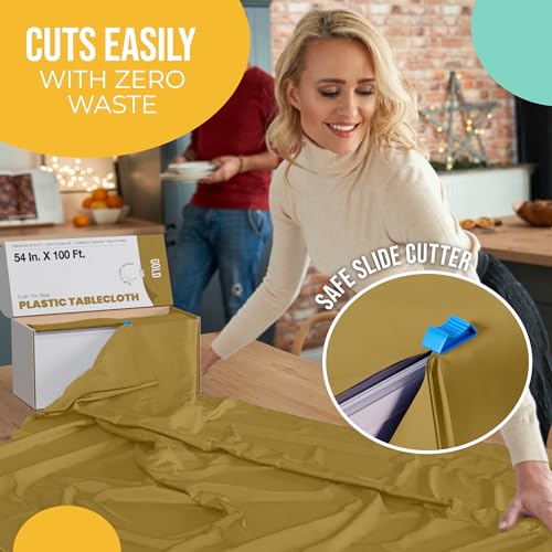 Image of Exquisite Party Solids 54 Inch X 100 Feet Gold Plastic Table Cover Roll in A Cut - to - Size Box with Convenient Slide Cutter. Cuts Up to 12 Rectangle 8 Feet Plastic Disposable Tablecloths