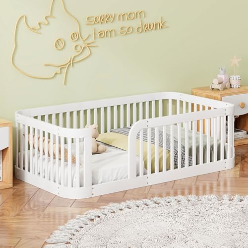 Image of Bellemave Twin Size Floor Bed Montessori Floor Beds with Fence Railings for Kids Twin Floor Bed Frame for Boys, Girls, No Box Spring Needed, White