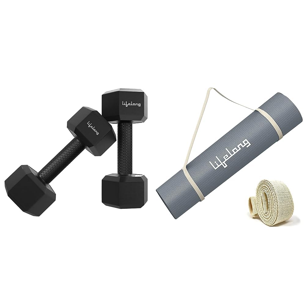 Lifelong PVC Hex Dumbbells Pack of 2 (5kg*2) Black Color & Lifelong LLYM92 Yoga mat for Women & Men EVA Material 4mm Grey Anti Slip for Gym Workout-image-22