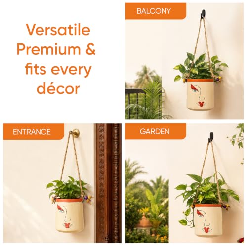 Image of AAKRITI ART CREATIONS Terracotta Hanging Planter | Handcrafted Artistic Face Design with Rope, Modern Art, White Matte Finish | Decorative Hanging Pot for Indoor & Outdoor Home Decor