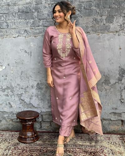 Image of Shiv Textiles Women's Chanderi Silk Embroidered Kurta Pant Dupatta Set(JDA-Vanni-Onion-M)