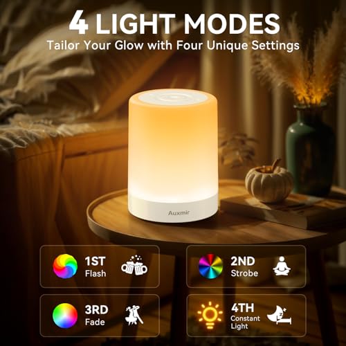 Image of Auxmir Nursery Night Light for Baby, Rechargeable Touch Lamp for Breastfeeding & Diaper Changes, 256 RGB Colors 5 Brightness Levels, 1 /2 /3H Timer, Portable Bedside Night Light for Kids Bedroom, White