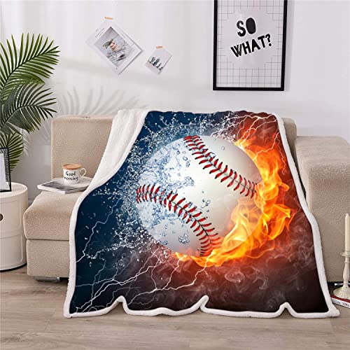 Zzkslife Baseball Blanket 3D Print Throw Blanket White Ball In Fire And Water Soft Plush Sherpa Fluffy Blankets Baseball Gifts For Kids Boys All Season Couch Bed Sofa Home Decor (Baseball,60"×80") #TOP1