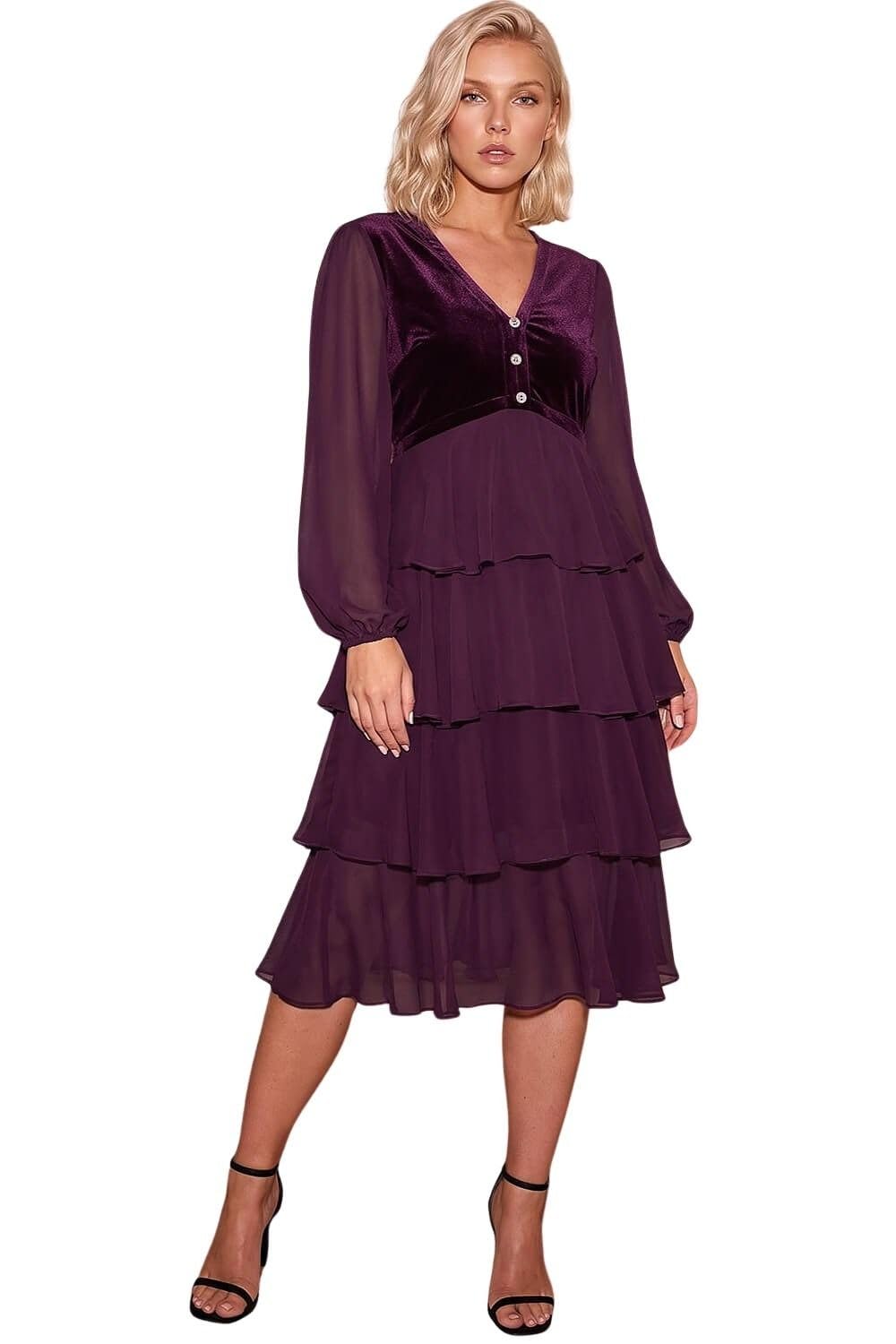Roman Petite Velvet Tiered Midi Stretch Dress for Women UK - Ladies Everyday Autumn Winter V-Neckline Comfy Soft Evening Vacation Work Party Night Out