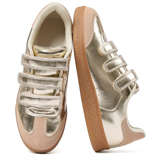 CYNLLIO Gold Sneakers for Women Fashion Cute Tennis Shoes 2026 Leather Non-Slip Walking Shoes Casual Lightweight Comfortable Size 8