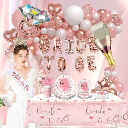 180Pcs Bachelorette Party Decorations,Pink Rose Gold Decor,Bridal Shower Party Supplies Balloon Arch,Bride To Be Party Favors Tableware Set Plates Fork Cups Napkins Tablecloth,Sash,Vail,Tiara