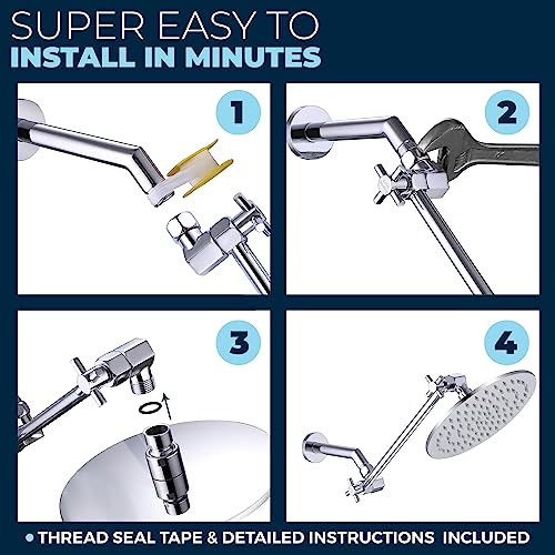 Hammerhead Showers 12 Inch Long Adjustable Shower Arm — Feat. Shark Teeth, The Strongest Locking Joints Of Any Shower Head Extension Arm — Metal Extender Raises Showerhead Height — Chrome #TOP5