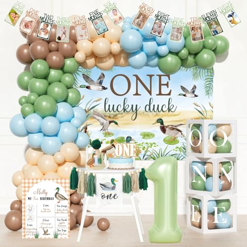 Party Inspo One Lucky Duck Birthday Decorations 104 PCS Mallard Duck Party Supplies with Backdrop Green & Blue Balloon Garland Banner Balloon Boxes Cake Topper Crown Poster
