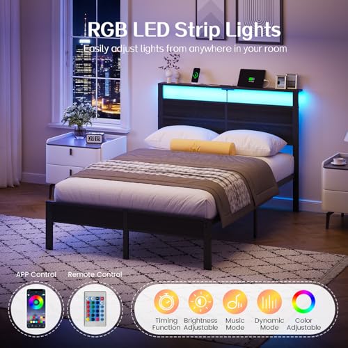 Image of Liians Metal Bed Frame Full with Storage Headboard, LED Lights and USB Charging, Noise-Free Platform Bed, No Box Spring Needed, Easy Assembly-Black