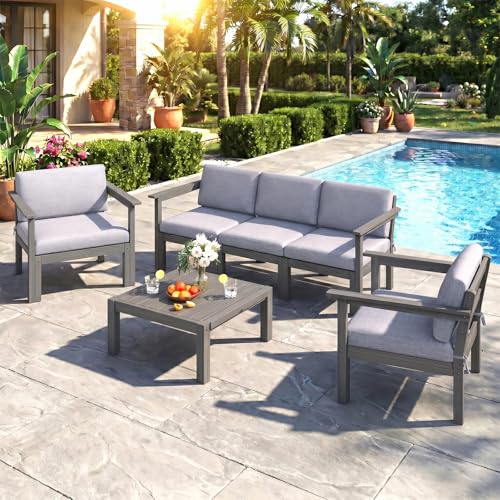 Image of Modular Outdoor Patio Conversation Set, 6-Piece HIPS Sectional Sofa with Coffee Table & Thick Cushions- Side Interlock & Detachable Armrest, All-Weather Patio Furniture Set for Backyard,Deck,Poolside