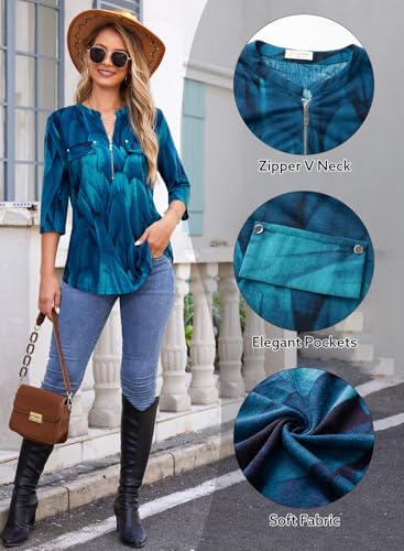 Image of Womens 3 /4 Sleeve Tops Plus Size V Neck Zipper Business Casual Blouses for Office & Going Out Soft Knit Tunics, M-3XL