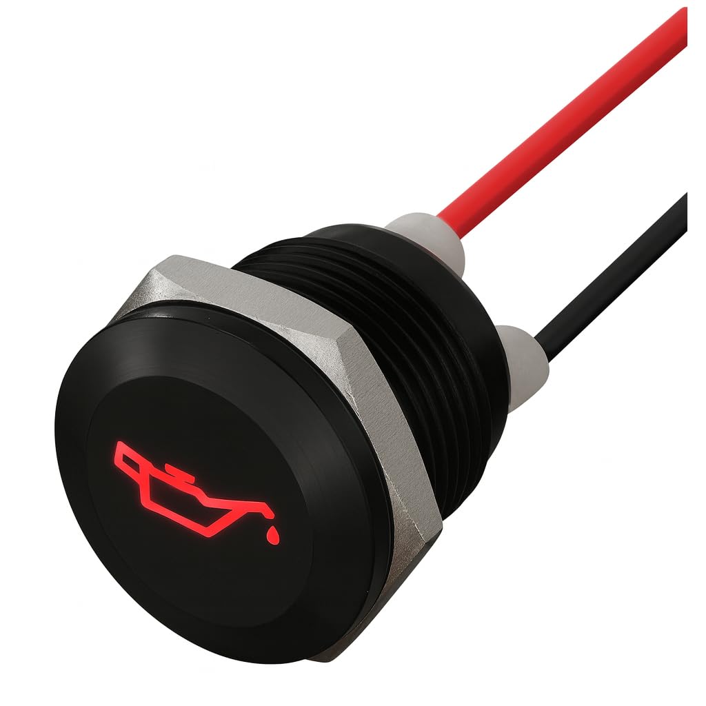 Dun-Bri Black Dbg 12Mm Screw-Fit Led Warning Light | Panel Mount Indicator W/ Symbols | 12V-24V Dc | Ip65 Waterproof Signal Lamp For Industrial & Automation Panels (Red | Oil Pressure | 12V | Fly Lead)