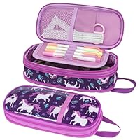 BrainyBees Pencil Case for Girls - Expandable Big Capacity Pencil Cases for Kids Special Pencil Pouch for Girls Large Storage Kids Pencil Bag for School (Deep Purple Unicorn)