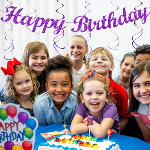 Image of Purple Lilac-Lavender Silver Women Birthday Party-Decorations - 21pc Happy Banner,Paper Lanterns Streamers,Tissue Pom Poms Honeycomb Flower Fan, Girls Hanging Decor Supplies Garland Backdrop Huglony