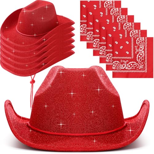 Image of Coume 12 Pcs Sparkly Adults Cowboy Hat and Bandanas Women Men Western Glitter Cowgirl Party Hats with Adjustable Drawstring