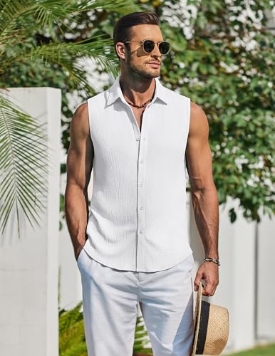 COOFANDY Men's Summer Sleeveless Shirts Beach Knit Tank Top Button Up Casual Tank Shirt Vacation Tops3