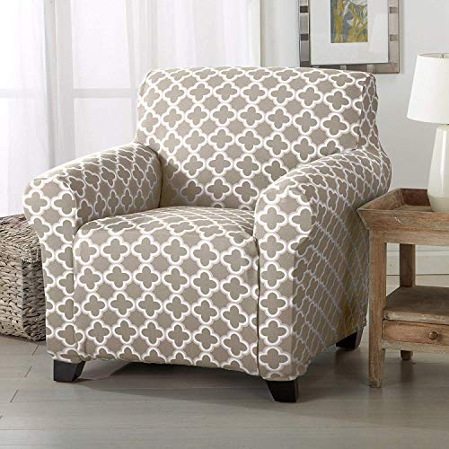 Home Fashion Designs Printed Twill Arm Chair Slipcover. One Piece Stretch Chair Cover. Strapless Arm Chair Cover for Living Room. Brenna Collection Slipcover. (Chair, Beige)