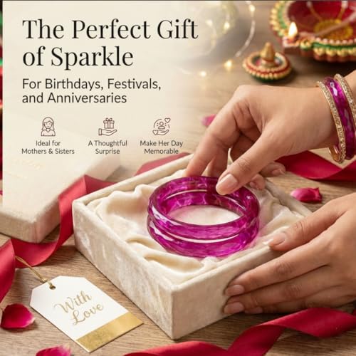Image of ZULKA Get your traditions Glass With Diamond Pattern Glossy Finished Kada Set For Women and Girls,(Magenta 2.4 Inches), Pack Of 2 Kada Set