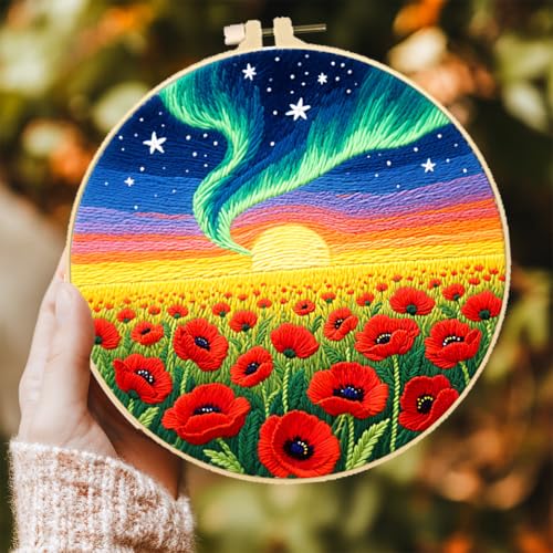 Image of ACRNIGHEET 5 Pack Embroidery Kit for Beginners Adults, Stamped Cross Stitch Kits, Hand Embroidery Starter Kit Including 5 Stamped Embroidery Cloth, Colorful Threads, Hoop, Instruction, Gift Idea