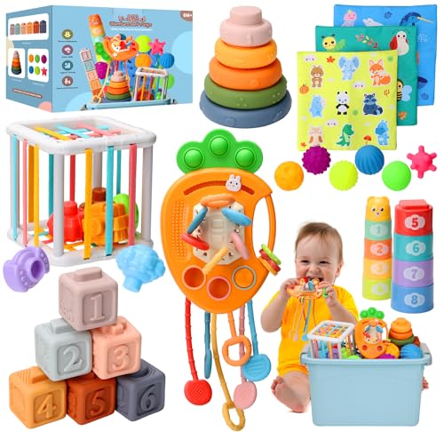 Image of Baby Toys 6 to12 Months, 7 in-1 Montessori Toy for 6-9-12-18 Month Old with Pull String Toy, Sensory Bin Toys, Stacking Baby Blocks & Soft Infant Ring & Sensory Ball, Stacking Cups for Toddler Gift