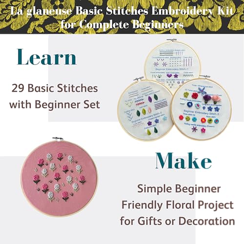 Image of La glaneuse 4 Set Embroidery Kit for Beginners, Adults and Kids, Learn 29 Basic Stitches with Simple Embroidery Patterns DIY, Needlepoint Hand Embroidery Kit with Instructions and Videos