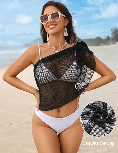 Image of Ekouaer Sarong Wraps for Women Beach Cover Up Short Crochet Coverup Skirts | Sequin Sparkly Sarong Wrap Skirt, Beach Coverup Sarong, Various Ways to Wear, For Swimming, Beach, Vacation, Sea, and Pool