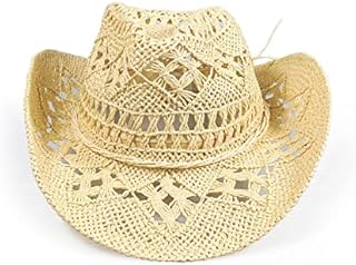 Women Straw Cowboy Hats, Sparkly Western Cowgirl Hat for Party, Foldable Beach Sun Hat with Wide Brim for Summer Beige