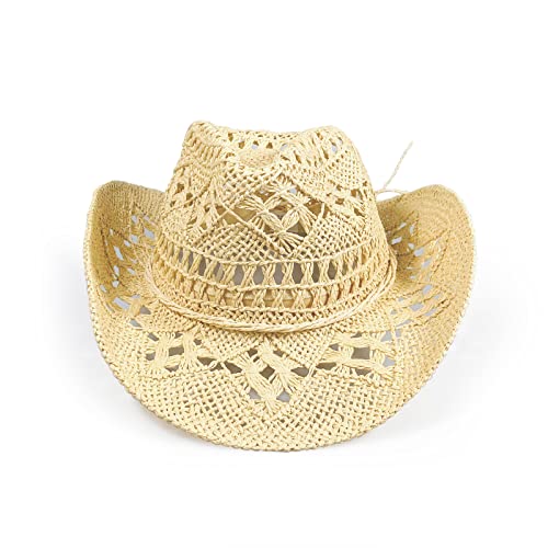 Women Straw Cowboy Hats, Sparkly Western Cowgirl Hat for Party, Foldable Beach Sun Hat with Wide Brim for Summer Beige