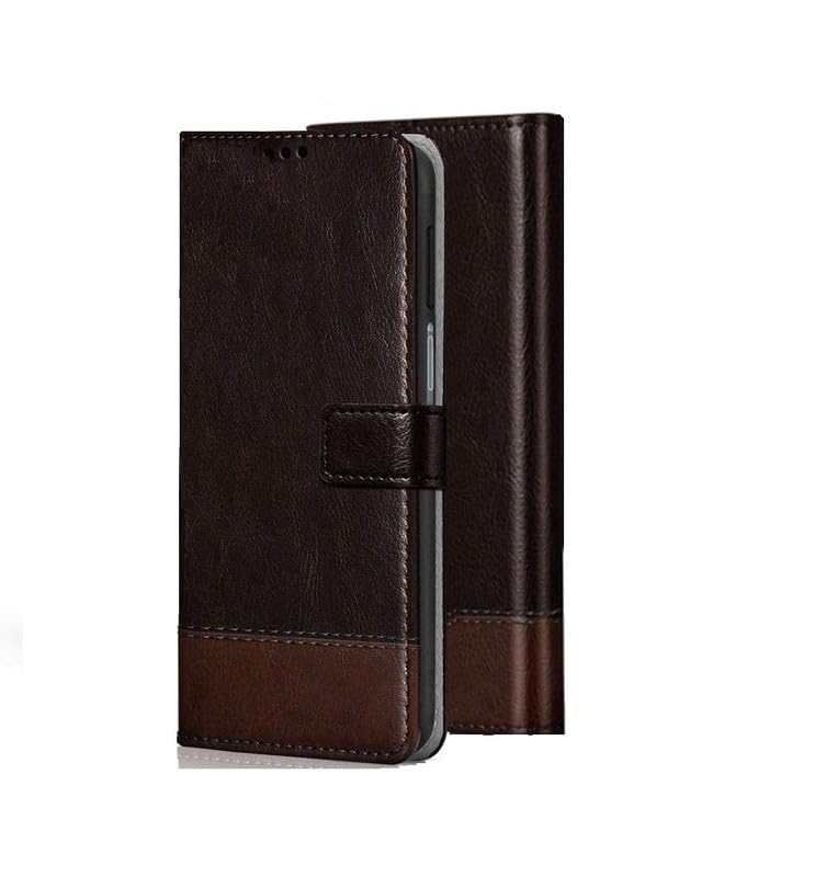 Image of Perkie Handmade Zorro Series Faux Leather Wallet Flip Case Kick Stand Magnetic Closure Flip Cover for Motorola Moto G54 5G (Coffee with Brown)