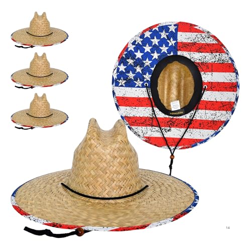 NESTANZA 3 Pack Straw Hats for Men Lifeguard Straw Hat Wide Brim Sun Hat for Men American Flag Undervisor Natural Rush Straw Adjustable Chin Strap