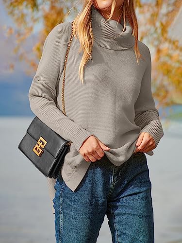 Anrabess Oversized Sweaters For Women Tunic 2023 Fall Split Hem Long Sleeve High Neck Lightweight Loose Fit Tunic Pullover Sweater Knit Tops 452Huika-S Gray #TOP4