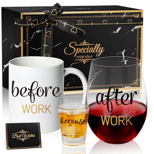 PUGED Before Work After Work Because Work Gift Set 11 oz Coffee Mug 18 oz Wine Glass 2 oz Shot Glass...