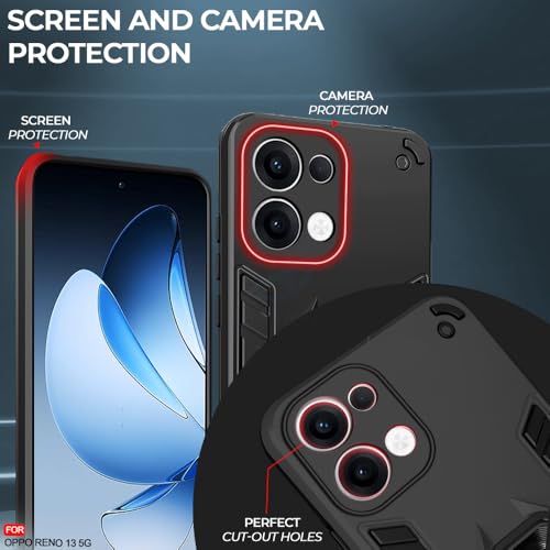 Image of AESTMO Oppo Reno 13 5G Back Case Cover | Tough Armor Bumper | Ring Holder & Kickstand in-Built | 360 Degree Protection Cover for Oppo Reno 13 5G (Black)