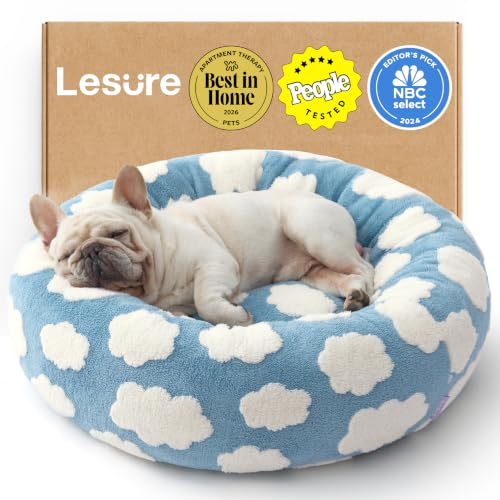 LE SURE Shown on TV Donut Dog Bed Medium Size Dog - Round Cat Beds Indoor as Bed Gift for Calming with Washable Cover Cute Home Decor Bed with Jacquard Shaggy Plush & Anti Slip Bottom 30 Inch Blue