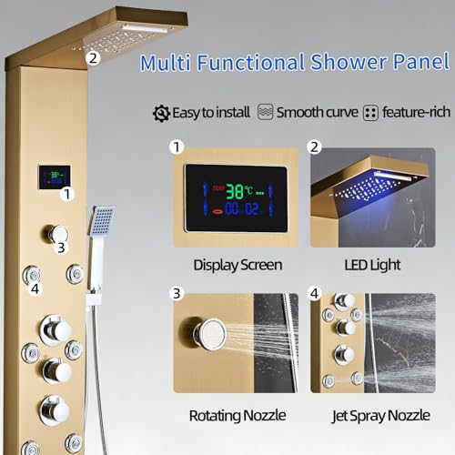 Image of LED 5-in-1 Shower Panel Tower System,Brushed Gold